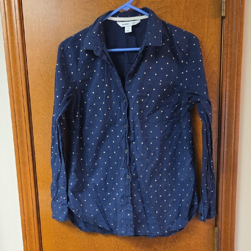 Old Navy Button Down Gold Dots Navy Long Sleeve Top Medium